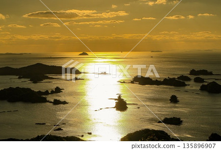 Sasebo City, Nagasaki Prefecture - View of the Kujukushima Islands at sunset from Ishidake Observatory, the filming location for The Last Samurai Sasebo City, Nagasaki Prefecture - View of the Kujukushima Islands at sunset from Ishidake Observatory, the filming location for The Last Samurai 135896907