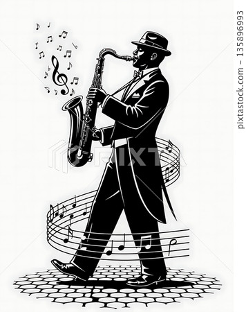 Silhouette of a jazz musician playing the saxophone with musical notes swirling around him 135896993