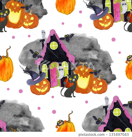 Seamless watercolor pattern with Halloween theme with pumpkins, haunted house and black cat Seamless watercolor pattern with Halloween theme with pumpkins, haunted house and black cat 135897083