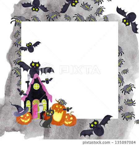 Watercolor frame with a haunted house, funny pumpkins and spiders Watercolor frame with a haunted house, funny pumpkins and spiders 135897084