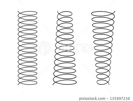 Spiral spring set. Metal wire coil spring icon collection. Thin zigzag waves symbol. Flexible coil shapes. Loop line pattern. Vector illustration isolated on white background 135897238