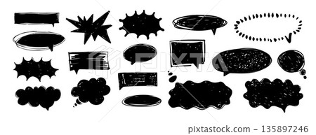 Hand drawn speech bubble shapes set with empty text areas. Black ink doodle dialog bubbles, thought clouds and starburst labels. Sketch marker illustration collection isolated on white background 135897246