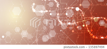 Futuristic scientific hexagons structure, DNA strands, connected neural web 135897494