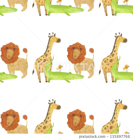 Watercolor african pattern with savannah animals Watercolor african pattern with savannah animals 135897768