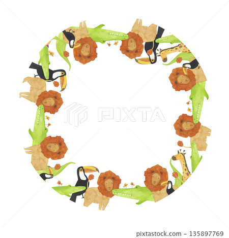 Round frame with African animals on white background Round frame with African animals on white background 135897769