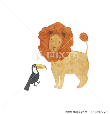 Illustration with watercolor cartoon african lion and toucan for decorative design Illustration with watercolor cartoon african lion and toucan for decorative design 135897776