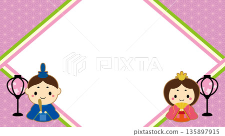Cute Hina dolls and Japanese pattern diamond-shaped Hinamatsuri frame / purple Cute Hina dolls and Japanese pattern diamond-shaped Hinamatsuri frame / purple 135897915