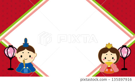 Cute Hina dolls and Japanese pattern diamond-shaped Hinamatsuri frame / red 135897916