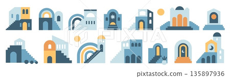 Architecture boho elements. Urban mini night compositions, contemporary building elements, blue stairs, city walls and arches, geometric bohemian shapes, garish vector flat style isolated set 135897936