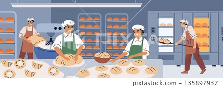 Bakery factory people. Cartoon professional bakers form dough, bake bread in oven, food industry, flour products on kitchen, chef team in commercial bakehouse working, garish vector concept Bakery factory people. Cartoon professional bakers form dough, bake bread in oven, food industry, flour products on kitchen, chef team in commercial bakehouse working, garish vector concept 135897937