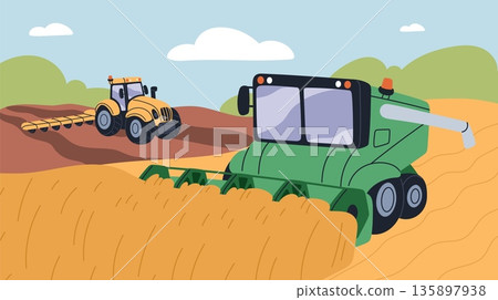 Bread manufacture. Cartoon combine harvester harvests wheat in field, flour production, agriculture and food industry, cutting wheat and tractor working soil, garish vector concept Bread manufacture. Cartoon combine harvester harvests wheat in field, flour production, agriculture and food industry, cutting wheat and tractor working soil, garish vector concept 135897938