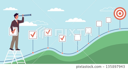 Business planning. Moving towards goal, man looks through telescope, marked completed items, project development, strategy steps, progress control, nowaday vector cartoon isolated concept Business planning. Moving towards goal, man looks through telescope, marked completed items, project development, strategy steps, progress control, nowaday vector cartoon isolated concept 135897943