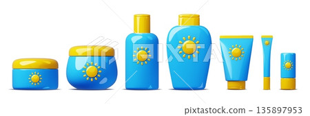 Cartoon 3d sun protect cosmetics. Beach creams, gels with sunscreen factor, bottles and tubes container, uv light stop, skincare products packaging, assortment classy vector render glossy set 135897953