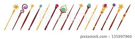 Cartoon magic wands. Different wooden wizard sticks with decorations, precious stones and crystals, enchanted witch stuff, sorcerer mystery ritual symbol for spell, garish vector set Cartoon magic wands. Different wooden wizard sticks with decorations, precious stones and crystals, enchanted witch stuff, sorcerer mystery ritual symbol for spell, garish vector set 135897960