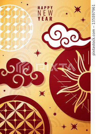 Chinese poster. Asian new year composition with golden clouds, red sun ornament. Geometric background, festive decorative card, traditional motifs, celebration banner, vector illustration Chinese poster. Asian new year composition with golden clouds, red sun ornament. Geometric background, festive decorative card, traditional motifs, celebration banner, vector illustration 135897961