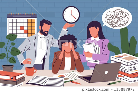 Conflict situation. Employees argue in director office, stressful atmosphere, intense workflow, deadline pressure, problem solving, document pile nowaday vector cartoon isolated concept Conflict situation. Employees argue in director office, stressful atmosphere, intense workflow, deadline pressure, problem solving, document pile nowaday vector cartoon isolated concept 135897972