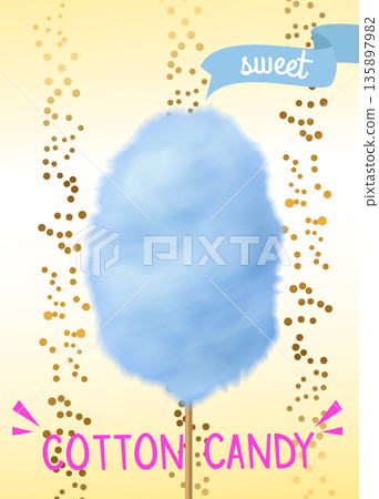 Cotton candy. Colorful sugar floss on stick. Blue fluffy realistic dessert, sweet confectionery. Flyer or vertical poster design. Menu snack, party or carnival food. Vector illustration Cotton candy. Colorful sugar floss on stick. Blue fluffy realistic dessert, sweet confectionery. Flyer or vertical poster design. Menu snack, party or carnival food. Vector illustration 135897982