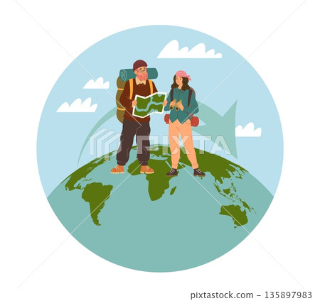 Couple trip around world. Old people hiking and walking, seniors tourism, adventure traveling, map earth global navigation, man and woman with backpack, vector cartoon isolated concept Couple trip around world. Old people hiking and walking, seniors tourism, adventure traveling, map earth global navigation, man and woman with backpack, vector cartoon isolated concept 135897983
