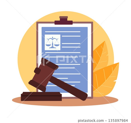 Court decision. Judicial system, verdict appeal, laws compliance, clipboard hold document with scales icon beside a judge gavel, official decision documentation vector cartoon flat concept Court decision. Judicial system, verdict appeal, laws compliance, clipboard hold document with scales icon beside a judge gavel, official decision documentation vector cartoon flat concept 135897984