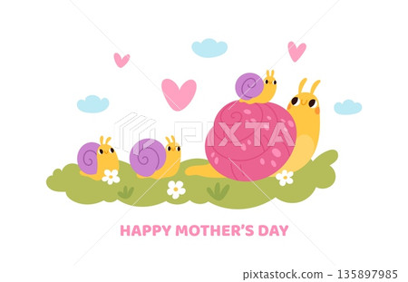 Cute snail mother. Mom day card with funny kids and parent, happy slugs with shells, cartoon shellfish characters, happy Mother celebration poster design, garish vector isolated concept 135897985