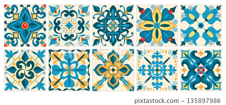 Decorative mediterranean ceramic tiles. Traditional portuguese, spanish old tiles mosaic, retro azulejos ornaments, square motif with floral and geometric detail, splendid vector isolated set Decorative mediterranean ceramic tiles. Traditional portuguese, spanish old tiles mosaic, retro azulejos ornaments, square motif with floral and geometric detail, splendid vector isolated set 135897986