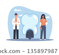 Dentures implants. Dental replacement, cosmetic dentistry and orthodontic, dentists man and woman, tooth with screw, oral surgery, treatment consultation vector cartoon isolated concept 135897987