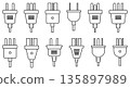 Electric plug line icons. Different power sockets connectors, various types for countries, pins number and location, catalog visualization isolated elements, qualitative vector outline set 135897989