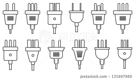 Electric plug line icons. Different power sockets connectors, various types for countries, pins number and location, catalog visualization isolated elements, qualitative vector outline set Electric plug line icons. Different power sockets connectors, various types for countries, pins number and location, catalog visualization isolated elements, qualitative vector outline set 135897989