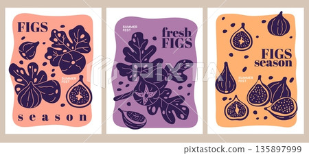 Figs banners. Decorative fruits cards with purple figs silhouettes, branches with leaves, whole and sliced fruits, vertical posters or print design, seasonal fresh food garish vector set Figs banners. Decorative fruits cards with purple figs silhouettes, branches with leaves, whole and sliced fruits, vertical posters or print design, seasonal fresh food garish vector set 135897999