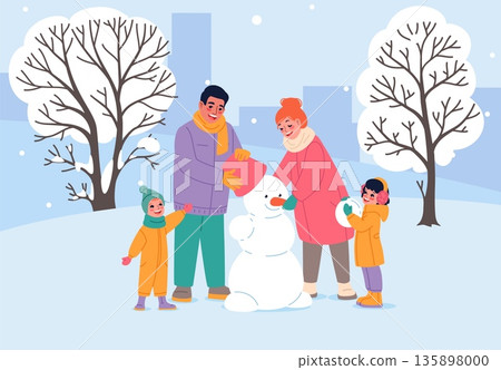 Happy family on winter walk. Parents and children build snowman, seasonal outdoor activities and games, warm clothes for snow weather, leisure time, classy vector cartoon isolated concept Happy family on winter walk. Parents and children build snowman, seasonal outdoor activities and games, warm clothes for snow weather, leisure time, classy vector cartoon isolated concept 135898000