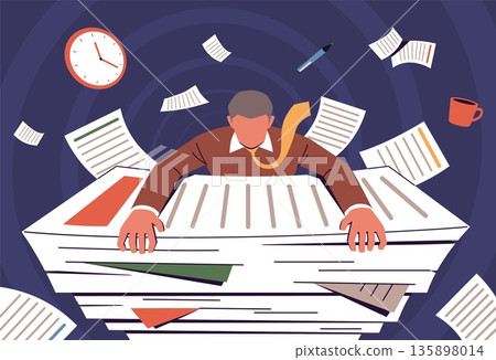 Office employee works with documents. Stressed man during deadline, completing project in hurry, flying papers pile, workload pressure cartoon flat isolated nowaday vector concept Office employee works with documents. Stressed man during deadline, completing project in hurry, flying papers pile, workload pressure cartoon flat isolated nowaday vector concept 135898014