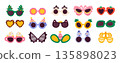 Party sunglasses. Groovy hippy accessories, funny carnival eyewear, different funky masquerade shapes, playful design for fun, humor props, accessory photo, garish vector isolated set 135898023