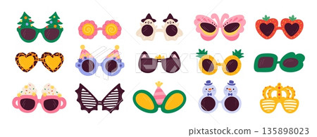 Party sunglasses. Groovy hippy accessories, funny carnival eyewear, different funky masquerade shapes, playful design for fun, humor props, accessory photo, garish vector isolated set Party sunglasses. Groovy hippy accessories, funny carnival eyewear, different funky masquerade shapes, playful design for fun, humor props, accessory photo, garish vector isolated set 135898023