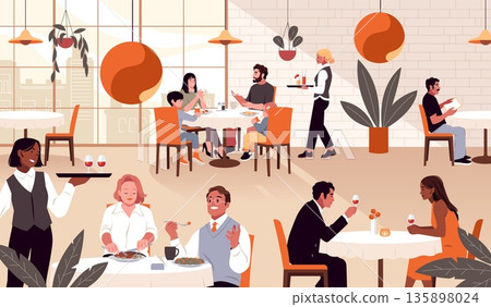 People at restaurant hall. Customers sitting at tables set, eat ordered food, waiters serve visitors, dishes and drinks, modern interior, family with children tidy vector cartoon concept People at restaurant hall. Customers sitting at tables set, eat ordered food, waiters serve visitors, dishes and drinks, modern interior, family with children tidy vector cartoon concept 135898024