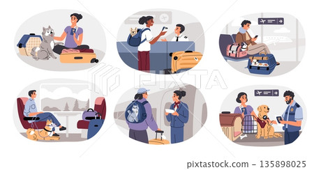 People travel with pets. Funny owners transported animals in special carriers, bags and backpacks, cute dogs and cats at airport and train, present passport garish vector cartoon set 135898025