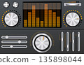 Sound equalizer with sliders. Realistic music panel, metal volume buttons control, regulators, audio mixing console, device screen digital media player sound display, qualitative vector set 135898044