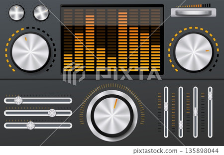 Sound equalizer with sliders. Realistic music panel, metal volume buttons control, regulators, audio mixing console, device screen digital media player sound display, qualitative vector set Sound equalizer with sliders. Realistic music panel, metal volume buttons control, regulators, audio mixing console, device screen digital media player sound display, qualitative vector set 135898044