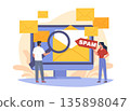 Unsolicited messages, malware distribution. Spam mailing list, orange message envelopes, inbox protection, envelopes on monitor, clean and secure with magnifying glass vector cartoon concept 135898047