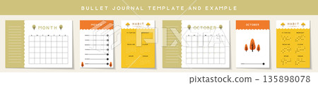 October Autumn Sky Moon Calendar Writing Mockup, Hand-painted Style Cute Tree Book Page Design, Article Book, Writing Book, Waiting Items, Memo, Diary Material 135898078