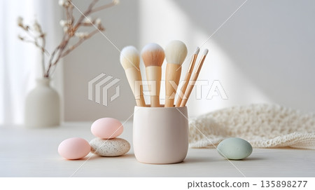 柔和的生活方式圖片，展示了粉彩色系的化妝刷和美容工具 135898277