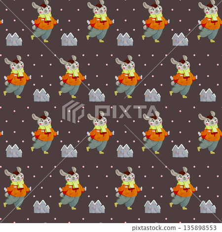 Christmas seamless pattern with bunny and houses. Christmas seamless pattern with bunny and houses. 135898553