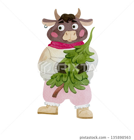 Cute bull with a Christmas tree on a white background 135898563