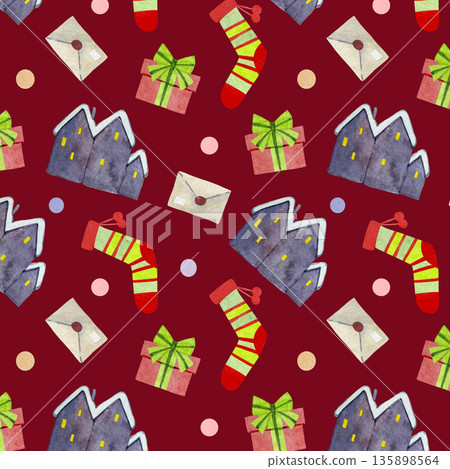 Christmas seamless pattern with different holiday elements: house, gifts, socks. Christmas seamless pattern with different holiday elements: house, gifts, socks. 135898564
