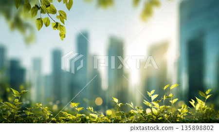 Green leaves with sunlight in front of blurred modern city skyline, symbolizing nature and urban harmony in bright day Green leaves with sunlight in front of blurred modern city skyline, symbolizing nature and urban harmony in bright day 135898802