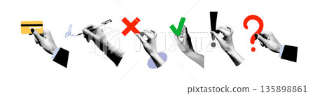 A collection of hands holding business symbols a credit card, a pen, a checkmark, a cross, an exclamation mark, and a question mark. Halftone dotted collage illustration. Concept symbols for decision 135898861