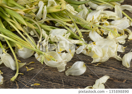 dry and ugly flowers and tulip petals are scattered on an old black wooden table, flower details from a gift bouquet that have wilted and crumbled from long-term storage. dry and ugly flowers and tulip petals are scattered on an old black wooden table, flower details from a gift bouquet that have wilted and crumbled from long-term storage. 135898890