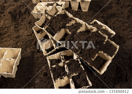 cardboard pots filled with earth for seedlings scattered in a field with brown soil, paper disposable cups for seedlings in spring filled with soil mixed with humus and peat cardboard pots filled with earth for seedlings scattered in a field with brown soil, paper disposable cups for seedlings in spring filled with soil mixed with humus and peat 135898912
