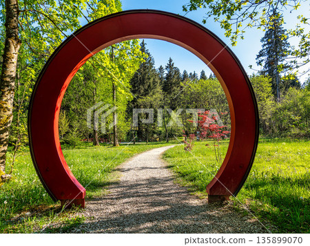 Kranzberg , Germany - May 01, 2025: Asia garden in the World Forest, Weltwald in Freising, Bavaria, Germany. 135899070