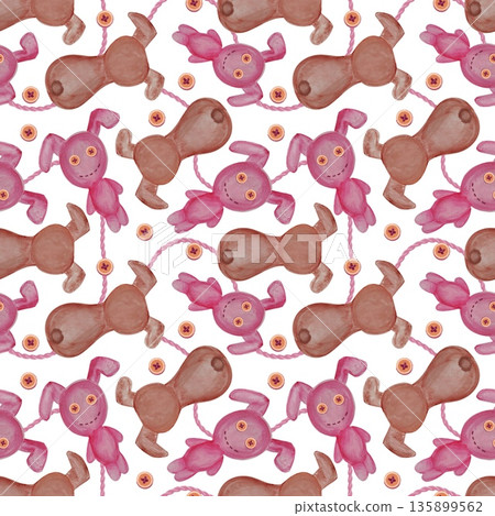A playful pattern featuring cartoon style rabbits toys. The background is white 135899562