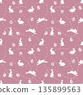 A seamless pattern featuring white rabbits and Easter eggs on a soft pink background 135899563